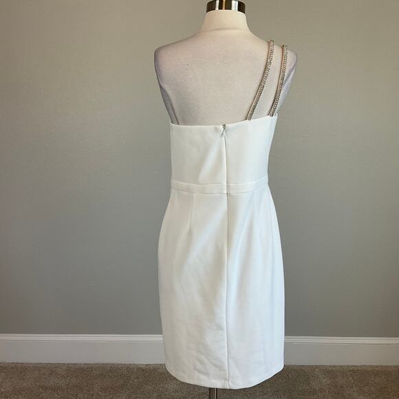 One Shoulder Beaded Mini Sheath Cocktail Dress White Size 10 Side Slit by AQUA - Picture 6 of 14